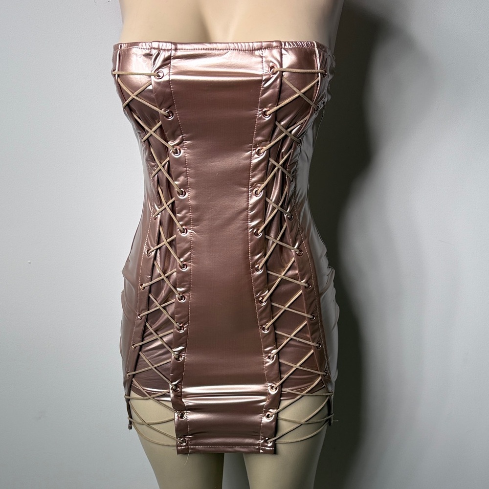 Hot & Delicious Metallic Gold Lace-Up Strapless Mini Dress